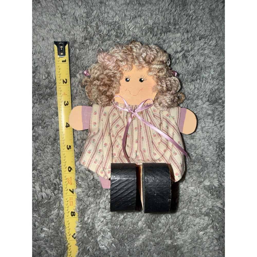 Vintage Handcrafted Wooden Doll Decor - Bows - Painted - Apple Dress